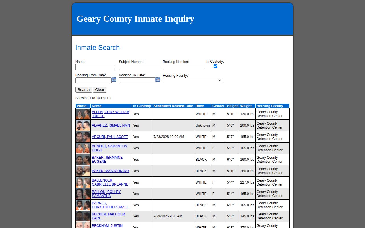 Geary County released inmate search fields and In Custody selector