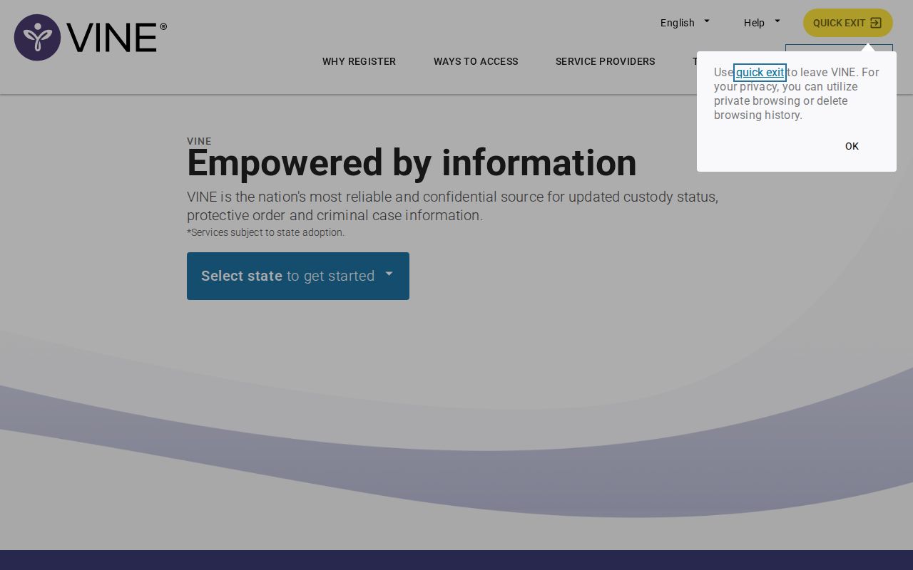 VINELink screen for beginning a specific-person custody search