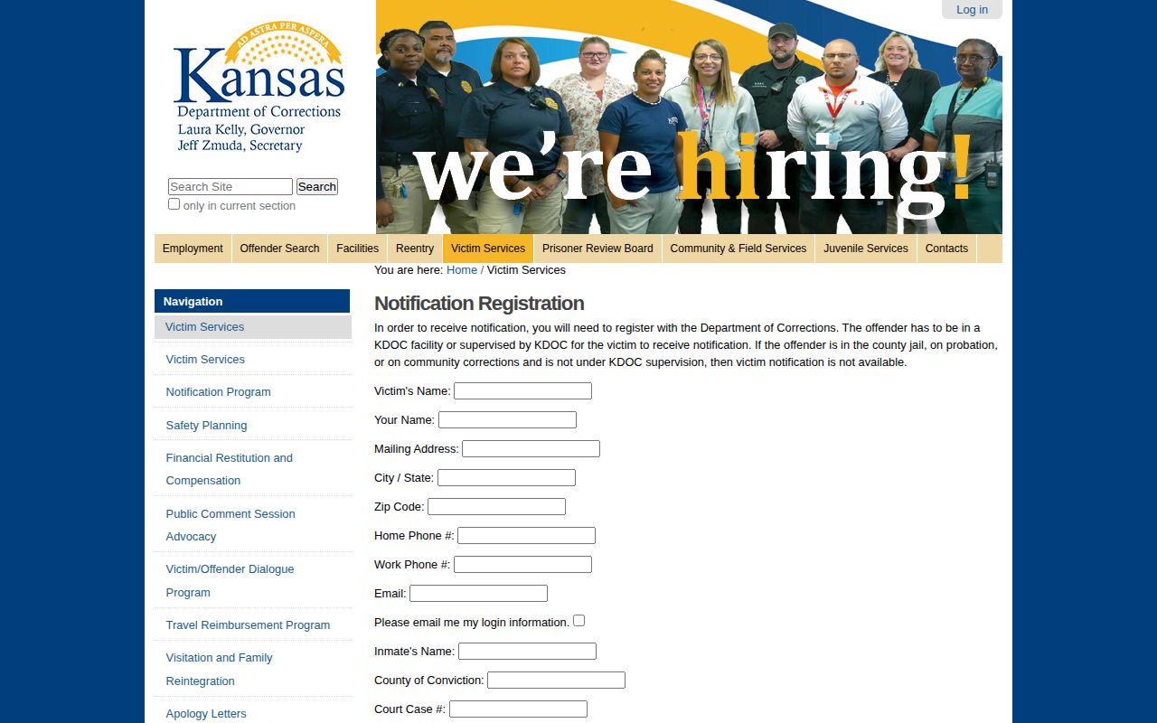Kansas Department of Corrections separate victim notification form